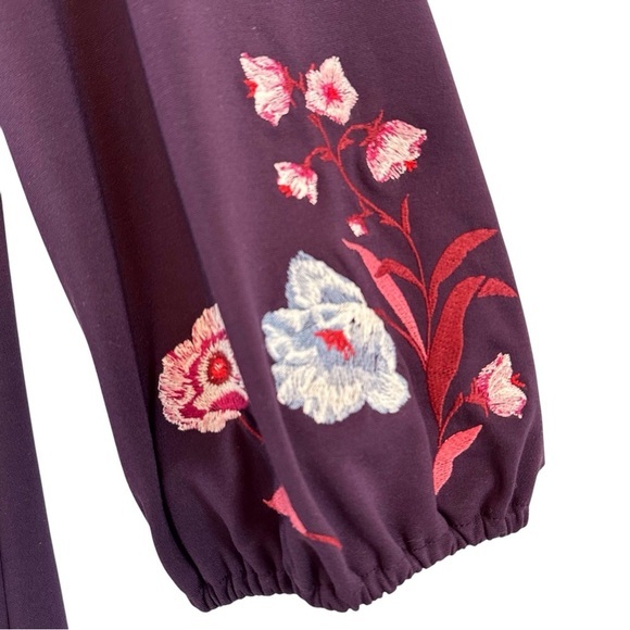 ANN TAYLOR Embroidered Sleeve Flare Shift Dress Purple V-Neck Long Sleeve Size L - Picture 9 of 14